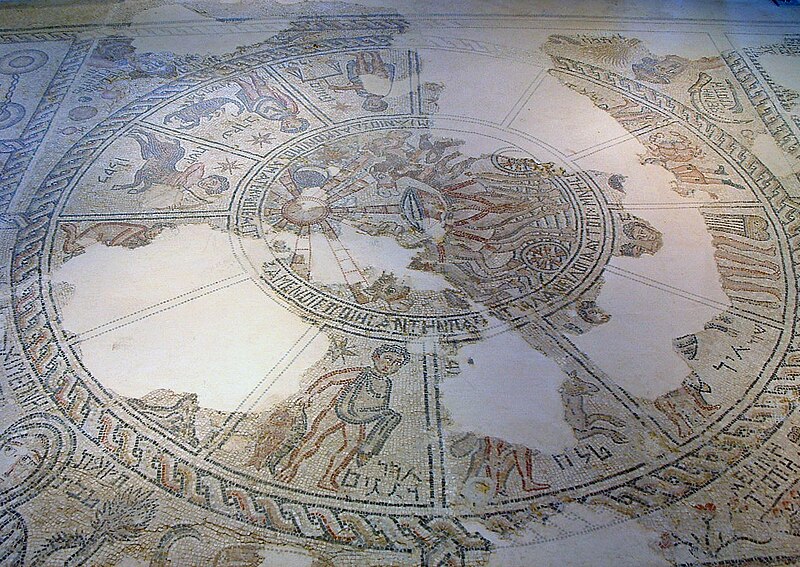 The zodiac mosaic floor at the ancient Sepphoris synagogue in the Galilee, fe...
